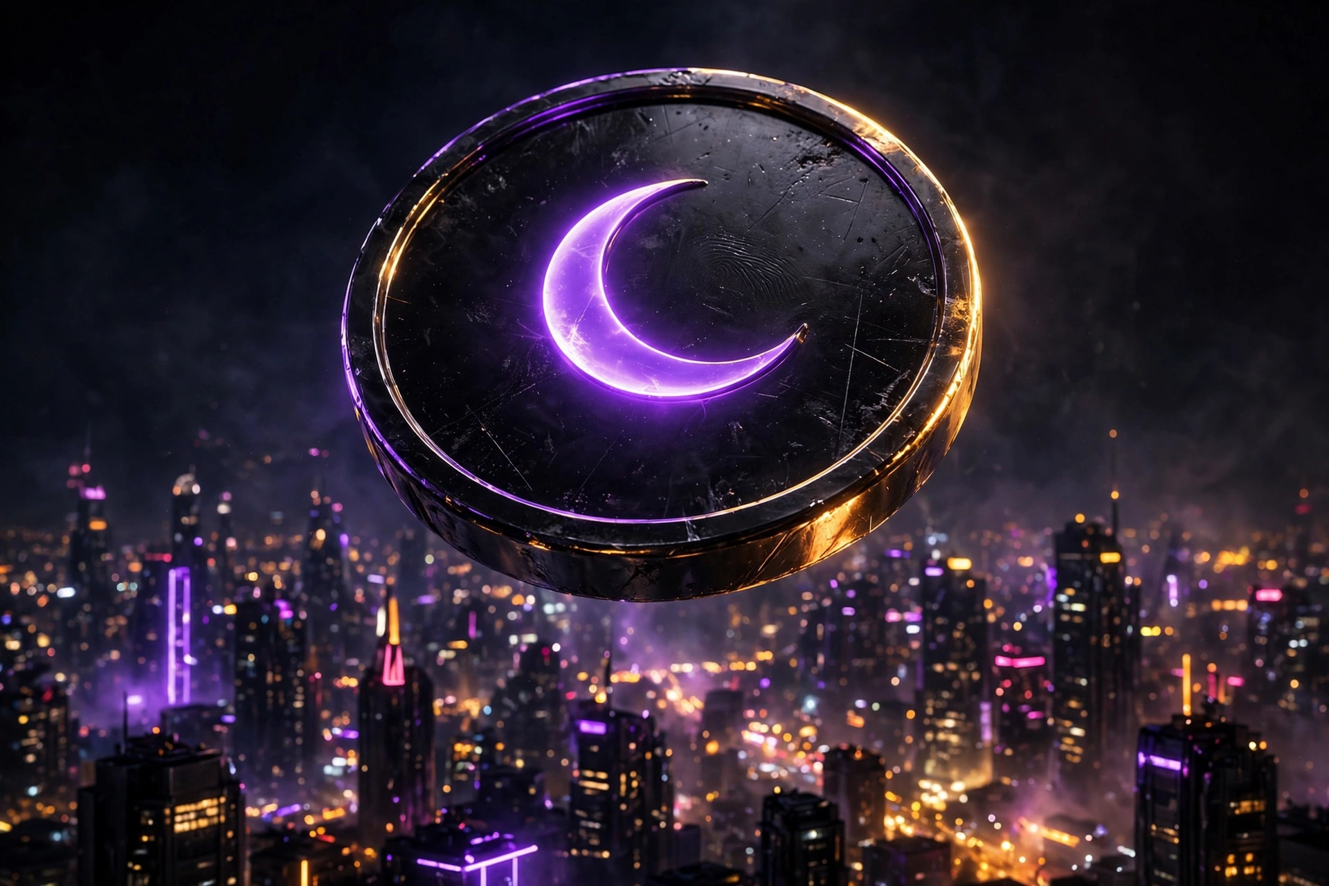 Black $DARK coin with a glowing purple crescent above a city at night